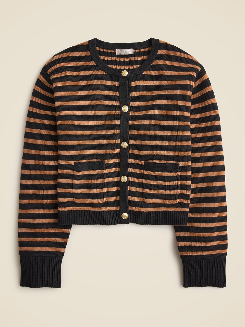 J.Crew New relaxed Emilie sweater lady jacket in stripe Black Hthr Camel